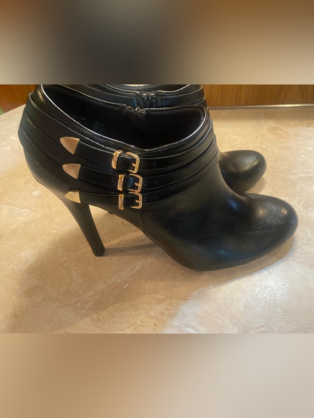 Women's Black Heeled Ankle Booties with Triple Gold Buckles
